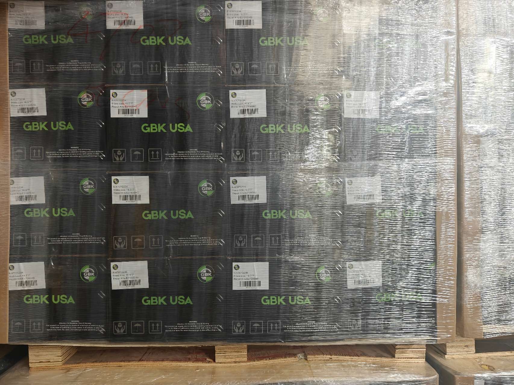 GBK USA warehouse — stacked pallets ready for shipment