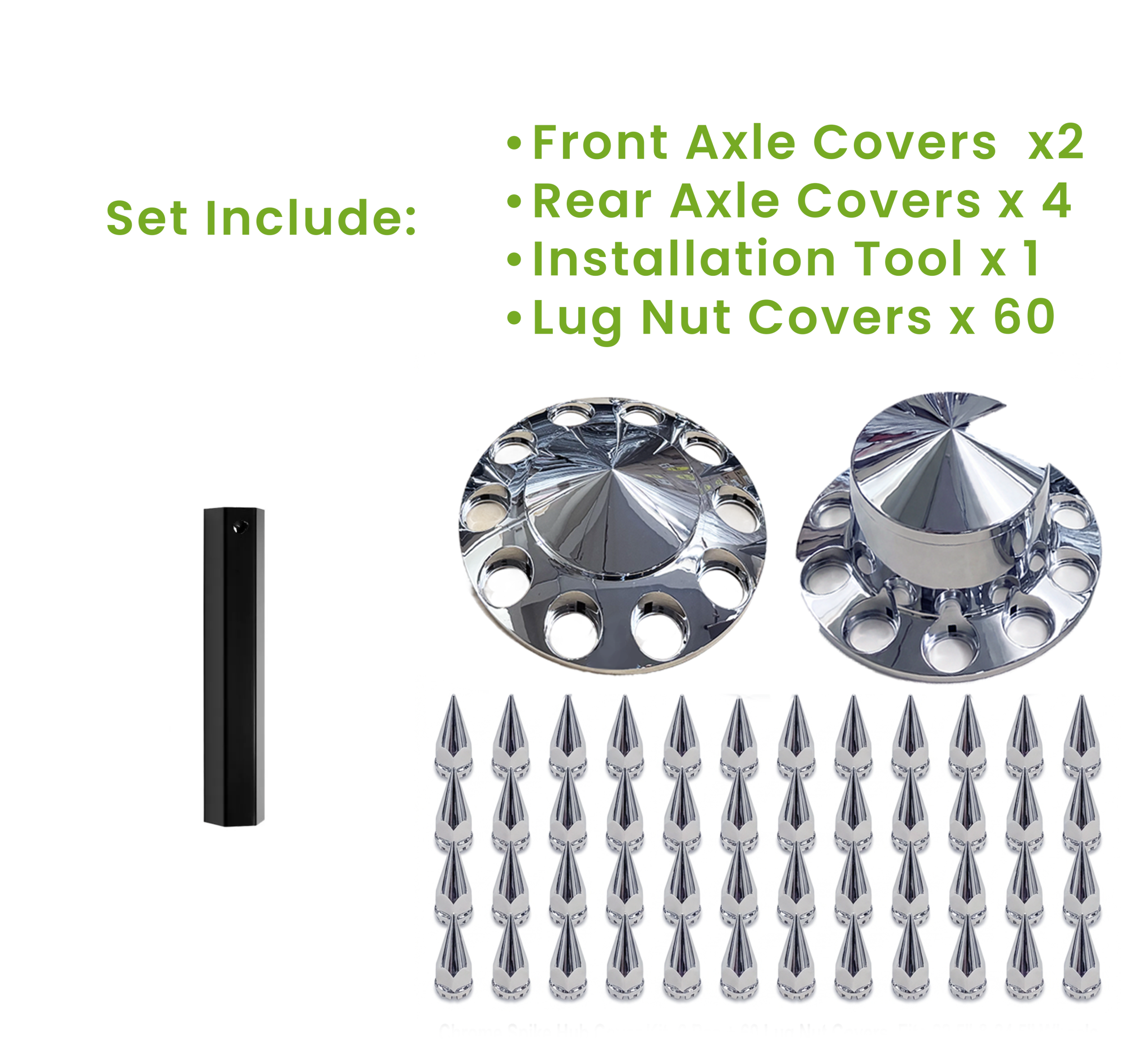 GC20WH Chrome Spike Hub Cover Kit, 6-Piece Set with 60 Lug Nut Covers - Image 2