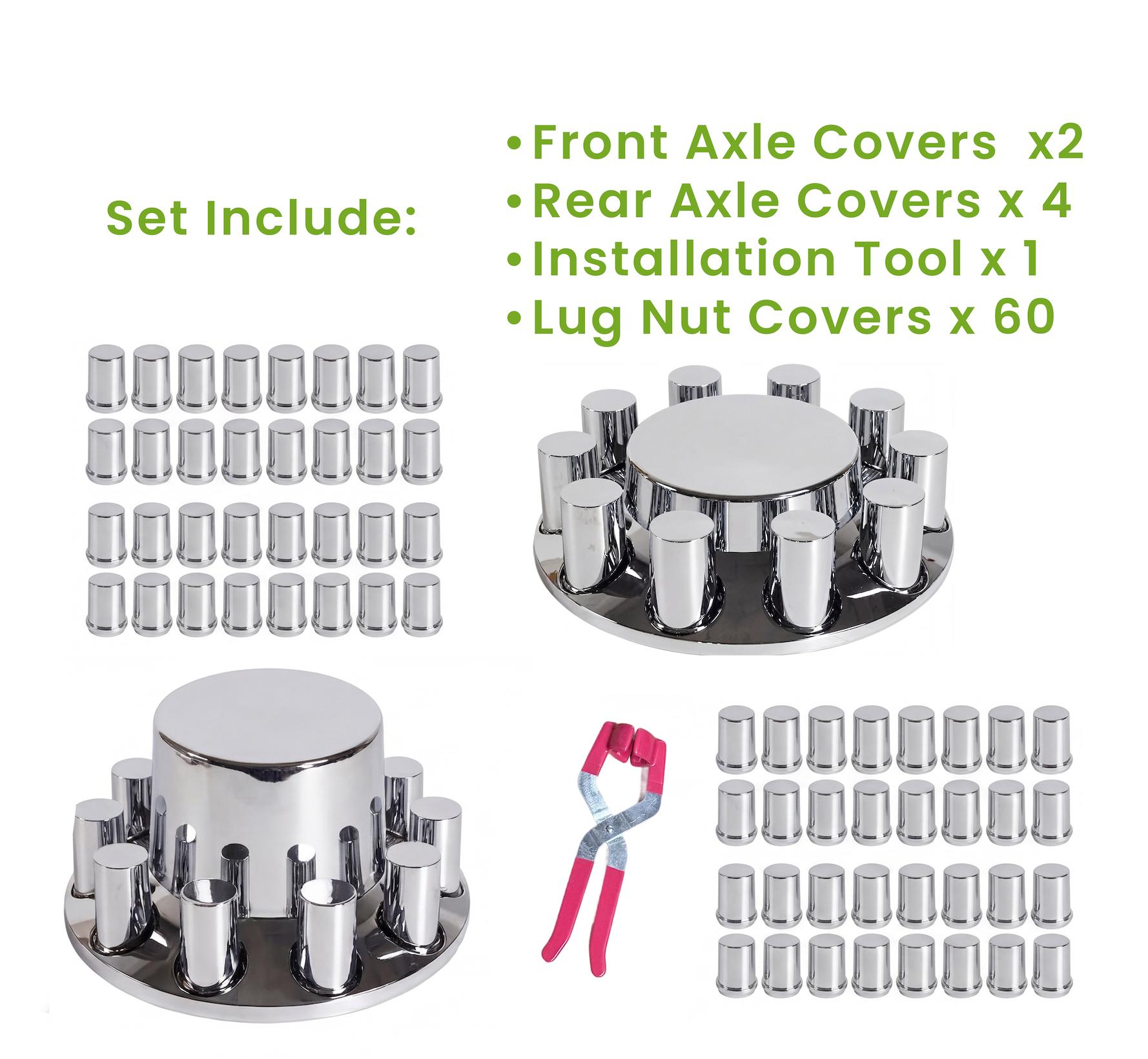 GC30WH GBK Chrome Cylinder Hub Cover Kit, 6 Pcs + 60 Lug Nut Covers, Fits 22.5" & 24.5" Wheels - Image 2