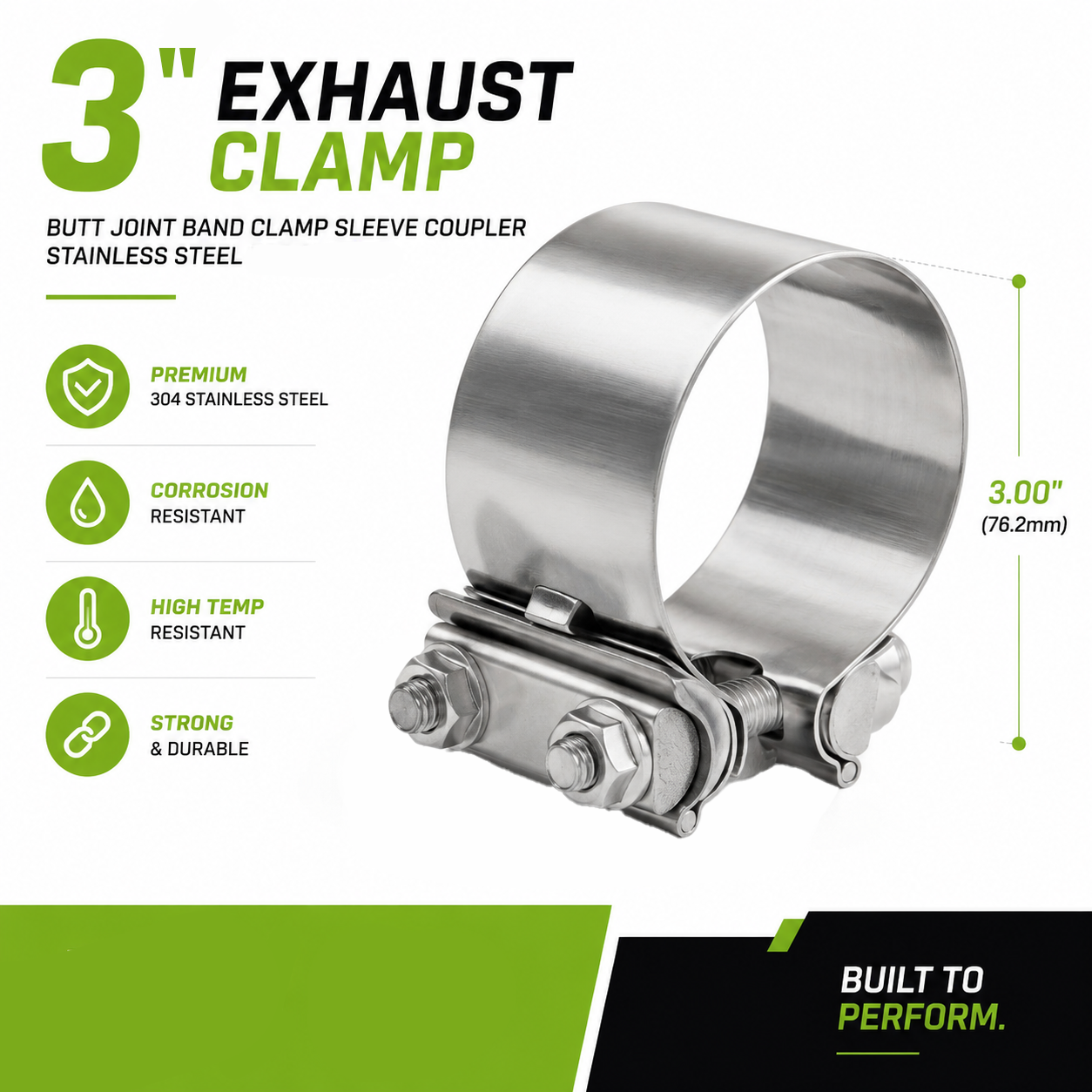 GBK 3" Butt Joint Exhaust Band Clamp, T304 Stainless Steel, 3.0 Inch OD to 3.0 Inch OD, for Mufflers, Catalytic Converters, Tail Pipes - Image 2